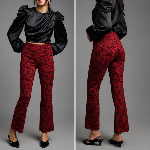 Anthropologie Pants - Anthropologie NEW Margot Red Floral Kick Flare Crop Ponte Pants SZ Medium Goth